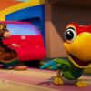 Cartoon parrot mole walking city street red car background