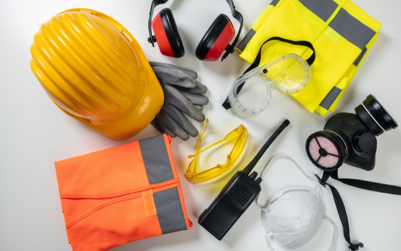 Collection of safety gear on a white background including a yellow hard hat high visibility vest safety glasses gloves ear protection gas mask and radio