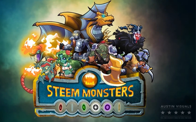 Colorful illustration of Steem Monsters characters including dragons knights and orcs with a vibrant logo designed by Austin Visuals