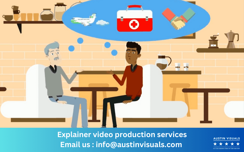 A screenshot of a 2D animated explainer video by Austin Visuals showcasing an Austin client's app, highlighting its features and benefits