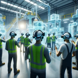 DALL·E Visualize a futuristic industrial training session with fewer workers each equipped with Apple Vision Pro headsets deeply engaged in augmented reali
