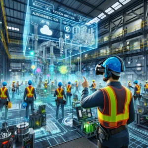 DALL·E Imagine a futuristic industrial training environment where workers are equipped with Apple Vision Pro headsets immersing them into augmented reality