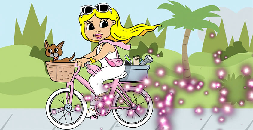 Cartoon - Illustration 2D girl with a yellow hair riding a bicycle with her dog and her beauty stuffs, Terms of Use