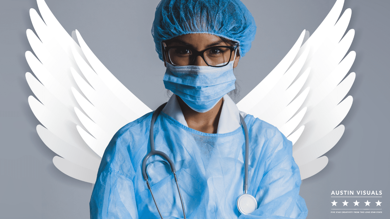 Medical Animation Video Ad Agency of a nurse on duty standing on a angel wing wall background