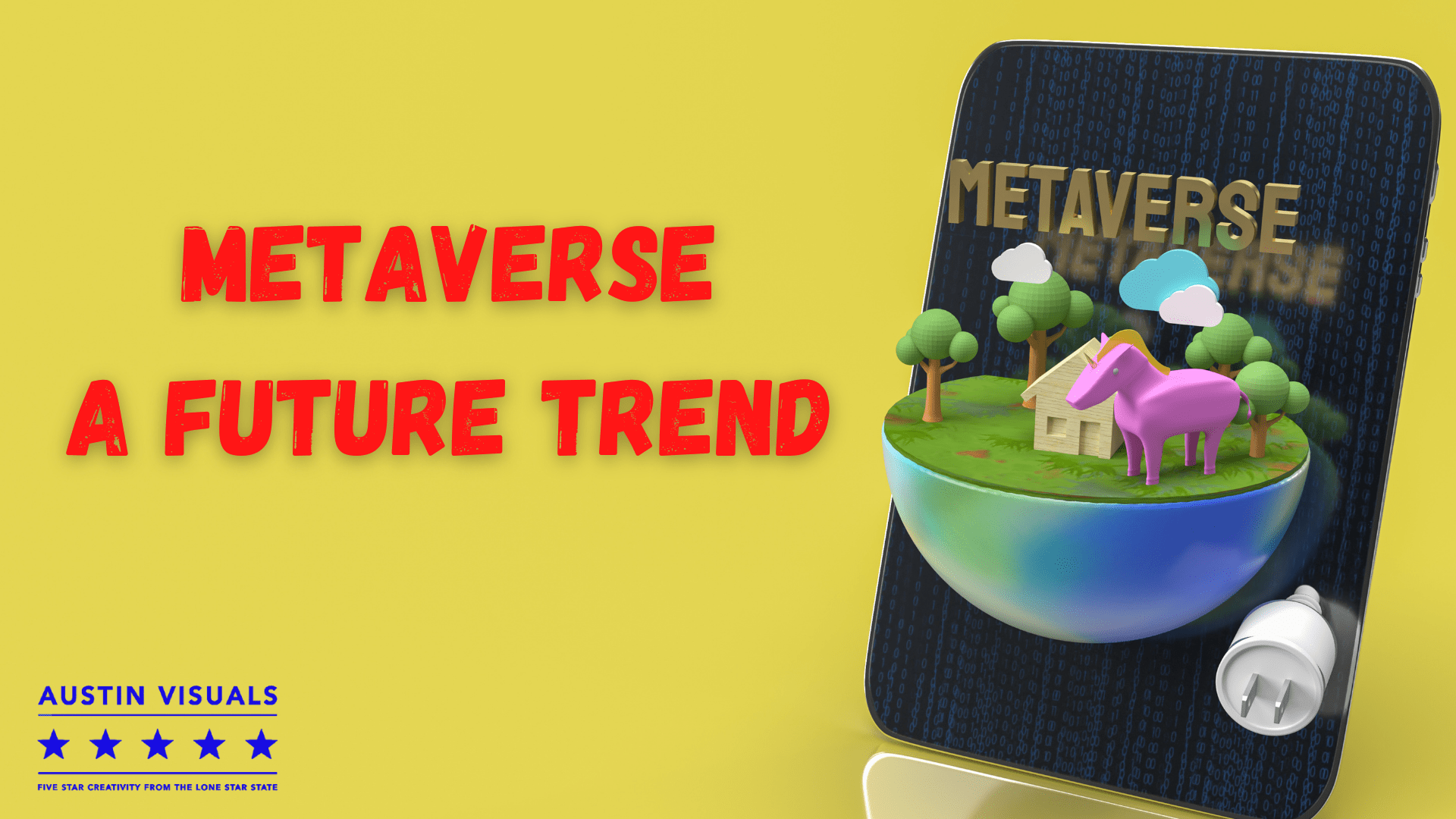 Metaverse A Future Trend explainer video represented by a metaverse land with a horse tree and a house designed nft on it