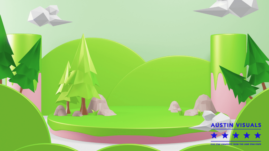 arcs animation shown in 3d for an adaptation of a forest and hills near a river