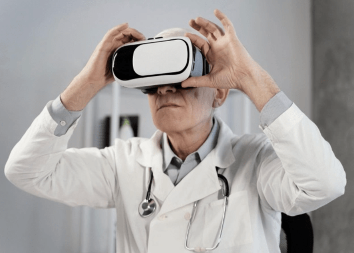 an old doctor wearing a vr and wondering what he sees in the virtual world, plastic surgery virtual reality