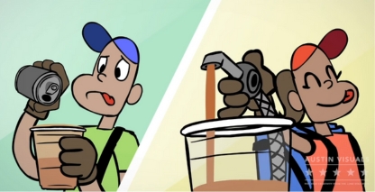 Split screen cartoon style image showing two characters one struggling to pour from a can and the other happily using a Petainer Keg tap for easy serving