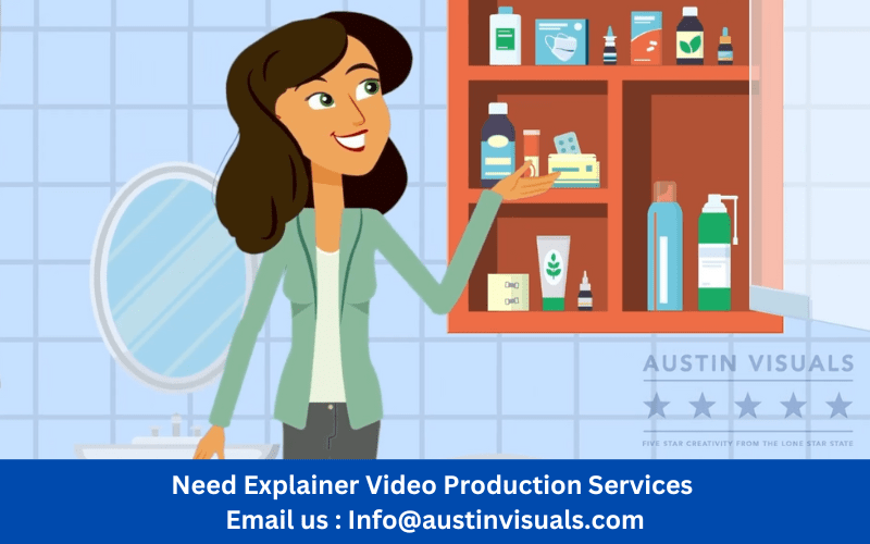 A 2D animated video featuring a girl in a blue shirt standing in front of a medicine cabinet, showcasing a relatable scenario for viewers.