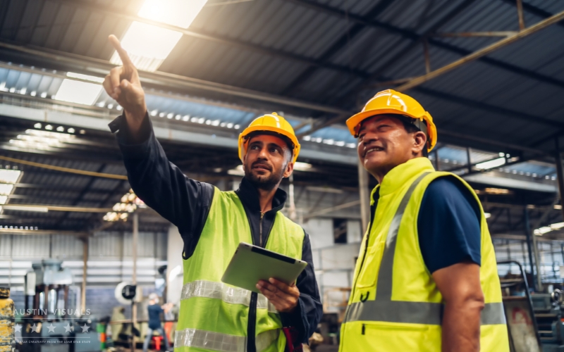 Two workers in safety gear in an industrial facility one pointing upward holding a tablet background machinery and lighting