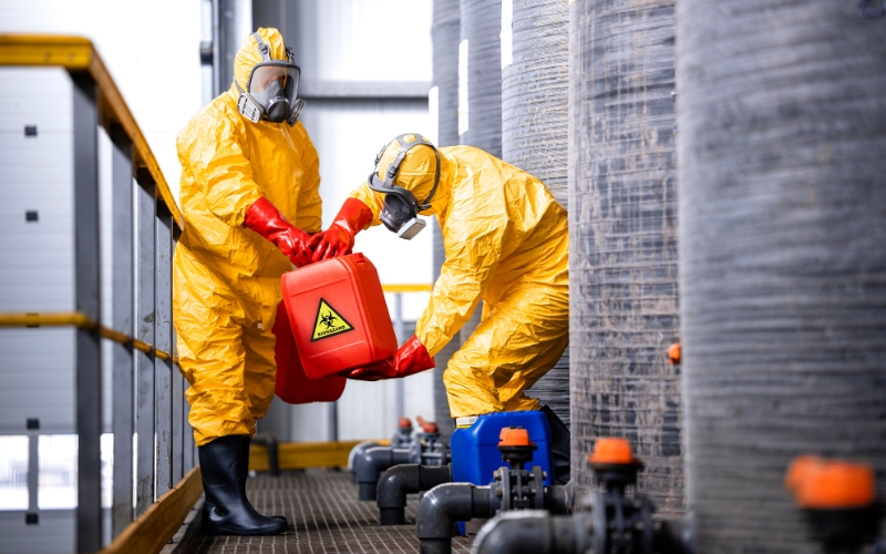 Two workers in yellow hazmat suits and gas masks handle a red container with a hazard symbol in an industrial setting surrounded by pipes and barrels