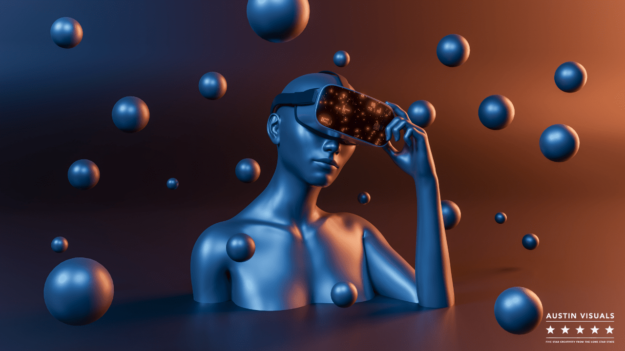 Find Your Place in Decentraland a 3D animated hairless lady wearing a vr headset looking into Decentraland