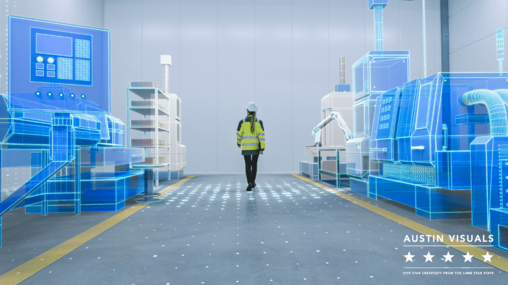 vfx animation in a digital view of a factory showing hologram machines while a lady is walking