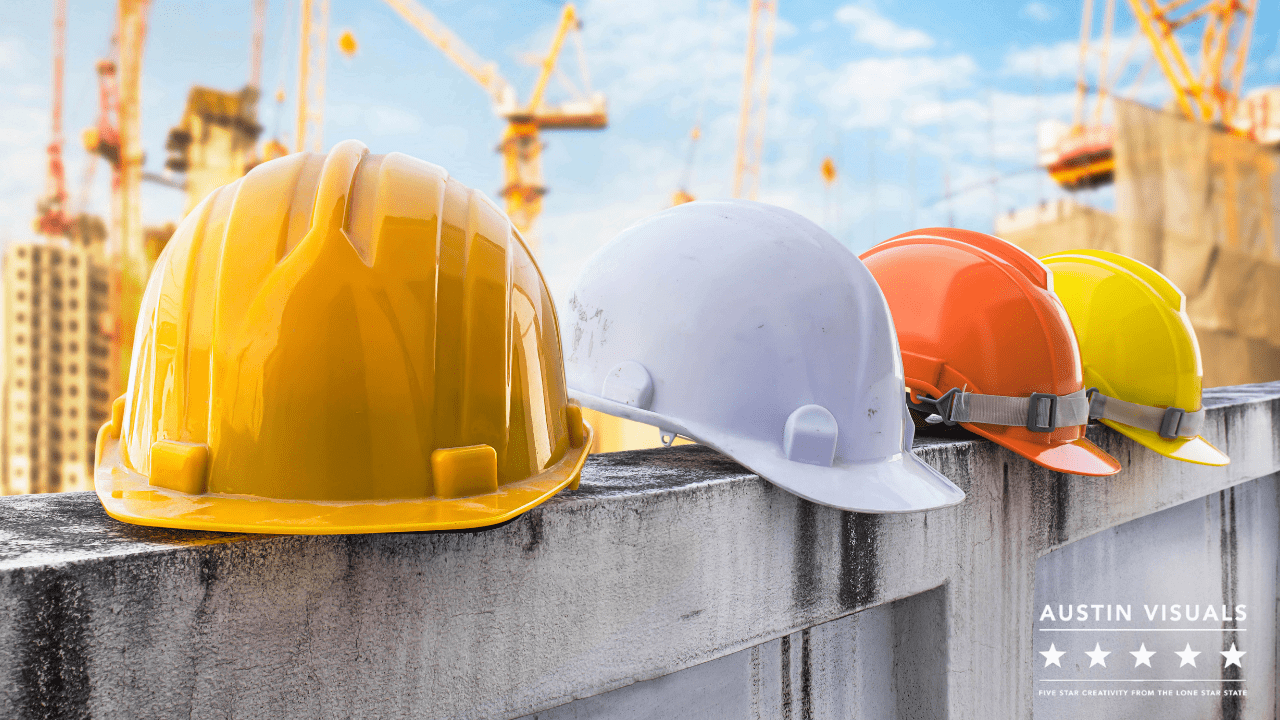 construction animation video cost showing construction helmets on rest at a building construction site