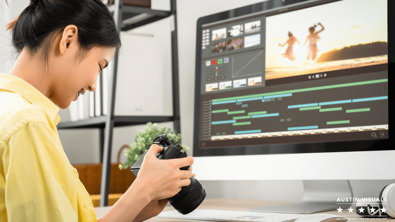 girl holding camera is editing video