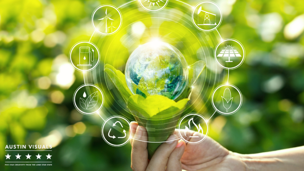Technical Animation Services for Energy Companies USA 4 Green Energy elements shown in the image to where it shows how it will help the planet with the efforts of human beings representing the hand