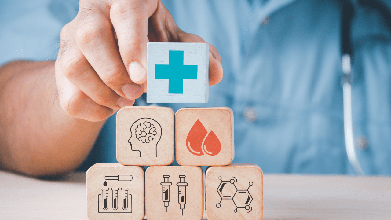 Health Care Explainer Video where a doctor represents his purpose to the community by means of symbols that are drawn on square woods