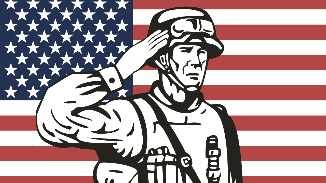 Military Simulation of a 2d animated soldier making a salute to the flag of the Unites States