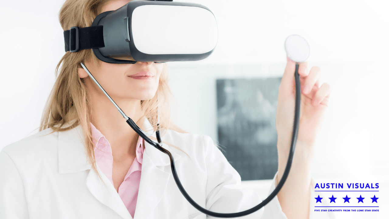 doctor in VR glass examining a virtual reality patient using a stethoscope