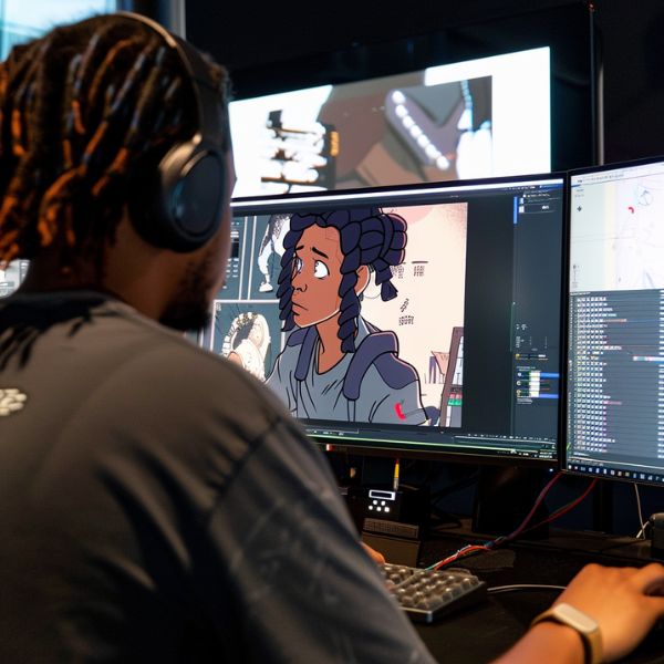 an artist working on a computer screen showing him editing a d animation project