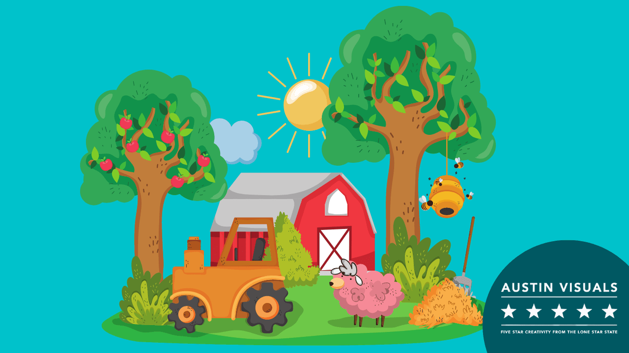 3d sheep tractors and a barn in a Farming 2D Animation Video