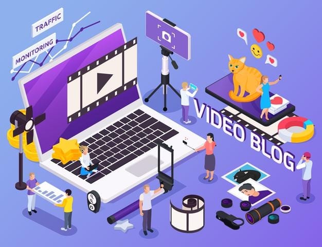 animated characters and elements describing video blogging, animation, filming and visualization