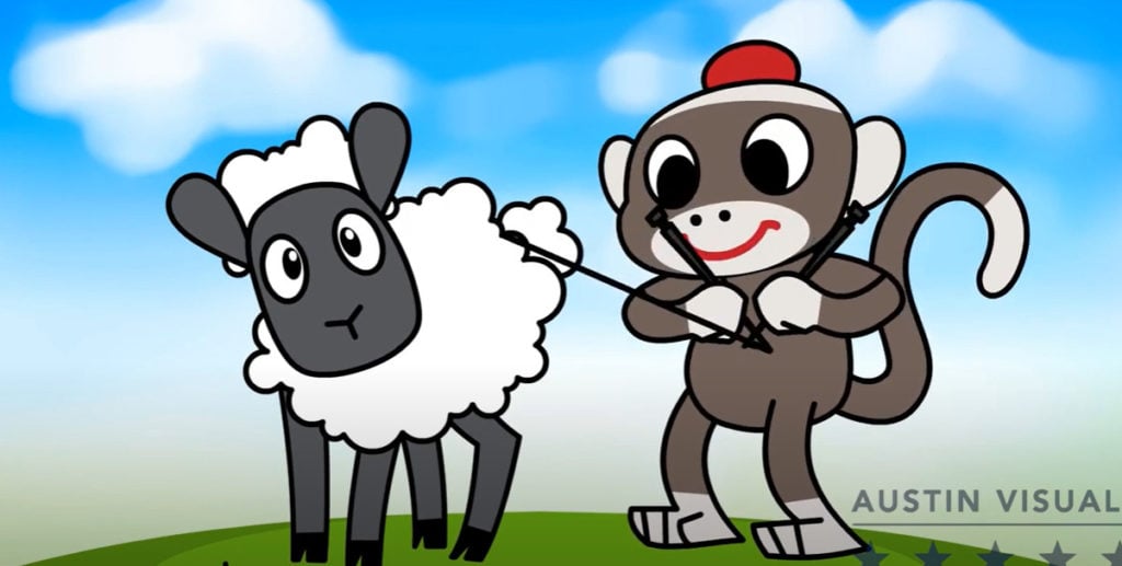 returns 2d animation of a a monkey and a sheep playing at the field