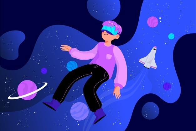 3d guy floating in space wearing vr glasses and seeing the planet saturn and other planets