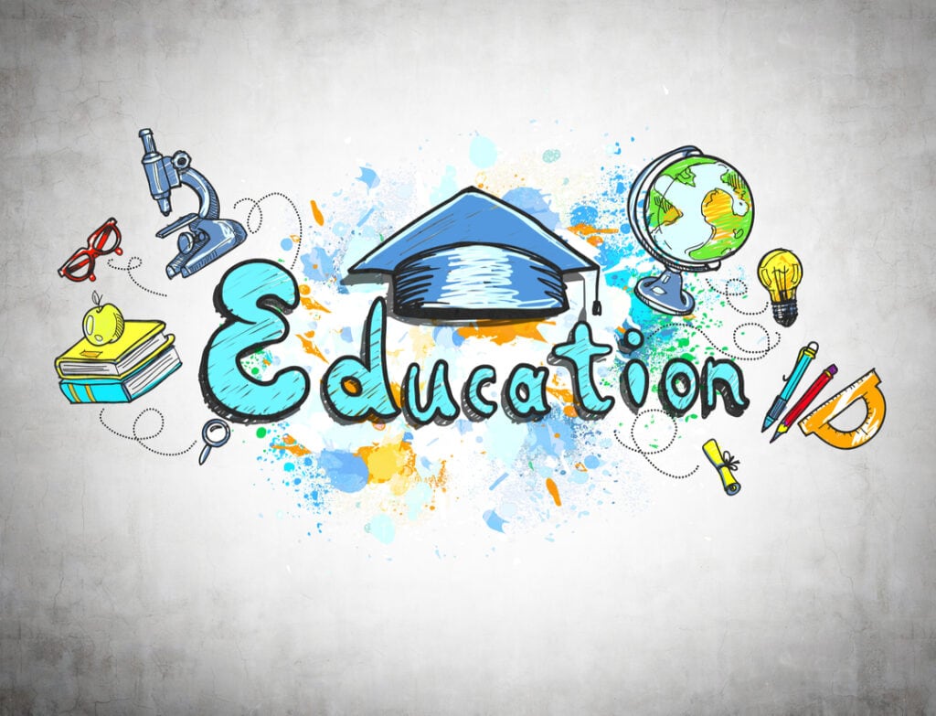 educational video production company illustrating a microscope, glasses, books, globe, light bulb and pens in 2D animation