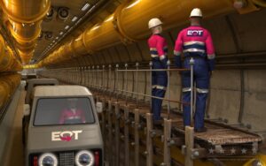 workers in safety gear inspecting underground pipeline with vehicles in industrial tunnel d animation rendering